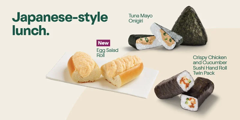 Japanese-style lunch. Tuna Mayo Onigiri. New Egg Salad Roll. New Pork Gyoza.