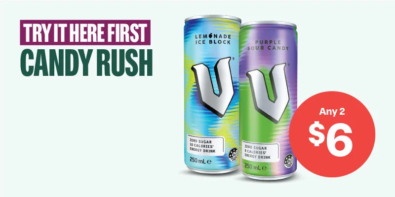 TRY IT HERE FIRST - CANDY RUSH - V Lemonade Ice Block 250mL & V Purple Sour Candy 250mL - Any 2 $6 -