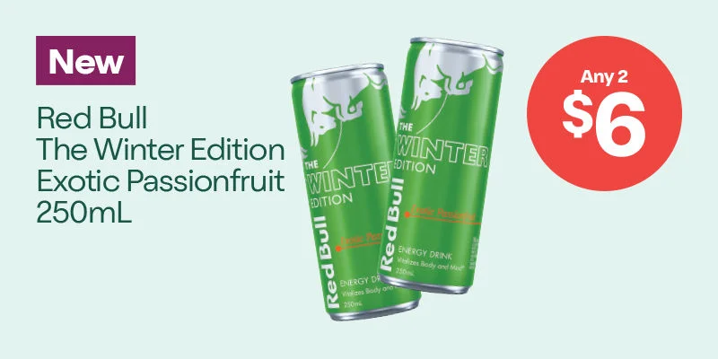 New. Red Bull The Winter Edition Exotic Passionfruit 250mL. Red Bull 250mL varieties. 2 for $6.