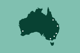 map of australia with dots in western australia, northern queensland, brisbane, sydney, canberra and melbourne