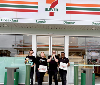 7-Eleven Geralton team standing out the front of store with products