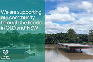 Image of 7-Eleven Fairfield, flood waters high in the store. 7-Eleven Good Cause logo.