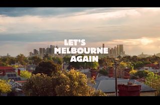 A view of the Melbourne city skyline with suburban houses in the foreground. Let's Melbourne Again printed on top.