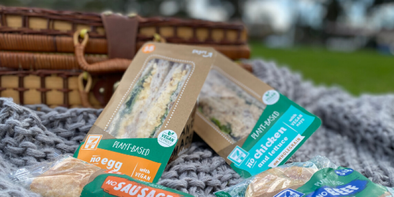 Food on the go plant based vegan 7-Eleven No Chicken and Lettuce Sandwich, 7-Eleven No Egg and Lettuce Sandwich, 7-Eleven No Beef Pie and 7-Eleven No Sausage Roll