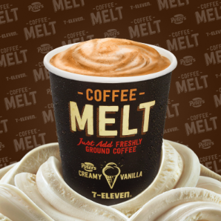 Cup of 7-Eleven Coffee Melt surrounded by soft serve.