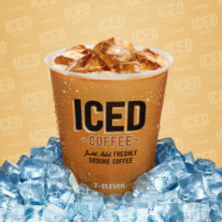 Cup of 7-Eleven Iced Coffee surrounded by ice cubes.