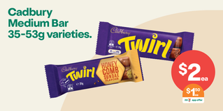 Cadbury Medium Bars 35-53g varieties - $2ea / $1 on app