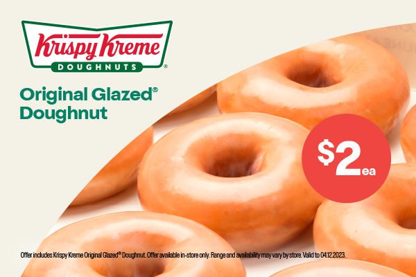 Krispy Kreme Original Glazed Doughnut. $2each. In store only. Range and availability may vary by store. Valid to 04.12.2023