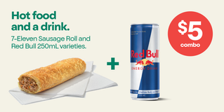 7-Eleven Sausage Roll or 7-Eleven Traveller Pie and one Pepsi 375mL or Red Bull 250mL varieties.