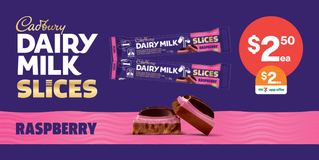 Cadbury Dairy Milk Slices Raspberry Bar 50g. $2.50 each or $2 each with My 7-Eleven