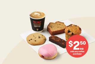 Grab a 7-Eleven sweet treat. $2.50ea with any coffee purchase. Excludes 7-Eleven Cake varieties.* 