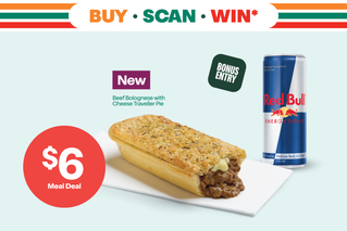 Buy - Scan - Win* - Lunch, scan & win* - Bonus Entry. Select an eligible hot food item & a drink.^ $6 Meal Deal. New Beef Bolognese with Cheese Traveller Pie.