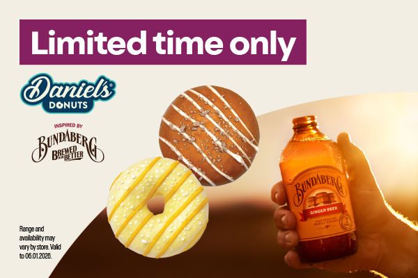 Limited time only. Daniel's Donuts. Inspired by Bundaberg. Brewed to be better 