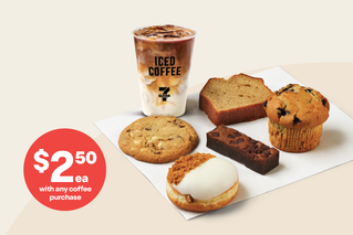 Grab a 7-Eleven sweet treat. $2.50ea with any coffee purchase. Excludes 7-Eleven Cake varieties.* 