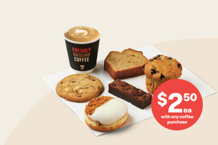 Grab a 7-Eleven sweet treat. $2.50ea with any coffee purchase. Excludes 7-Eleven Cake varieties.* 