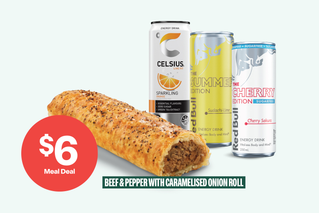 LUNCH LEGENDS - $6 MEAL DEAL - SELECT ANY ELIGIBLE FOOD ITEM & DRINK - BEEF & PEPPER WITH CARAMELISED ONION ROLL 