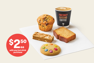 Add a 7-Eleven sweet treat. Excludes 7-Eleven cake varieties.* $2.50ea with any hot drink purchase.