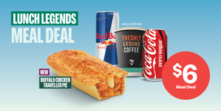 LUNCH LEGENDS MEAL DEAL - SELECT ANY ELIGIBLE FOOD ITEM & DRINK - $6 MEAL DEAL - NEW BUFFALO CHICKEN TRAVELLER PIE